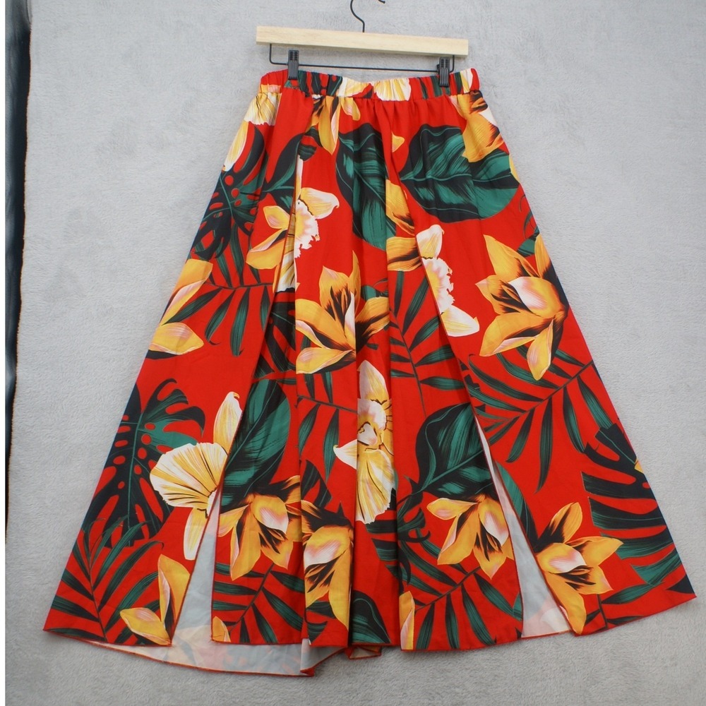 Shein Curve Red Tropical Floral Maxi Skirt Double Slit Plus Size 0XL Summer Boho